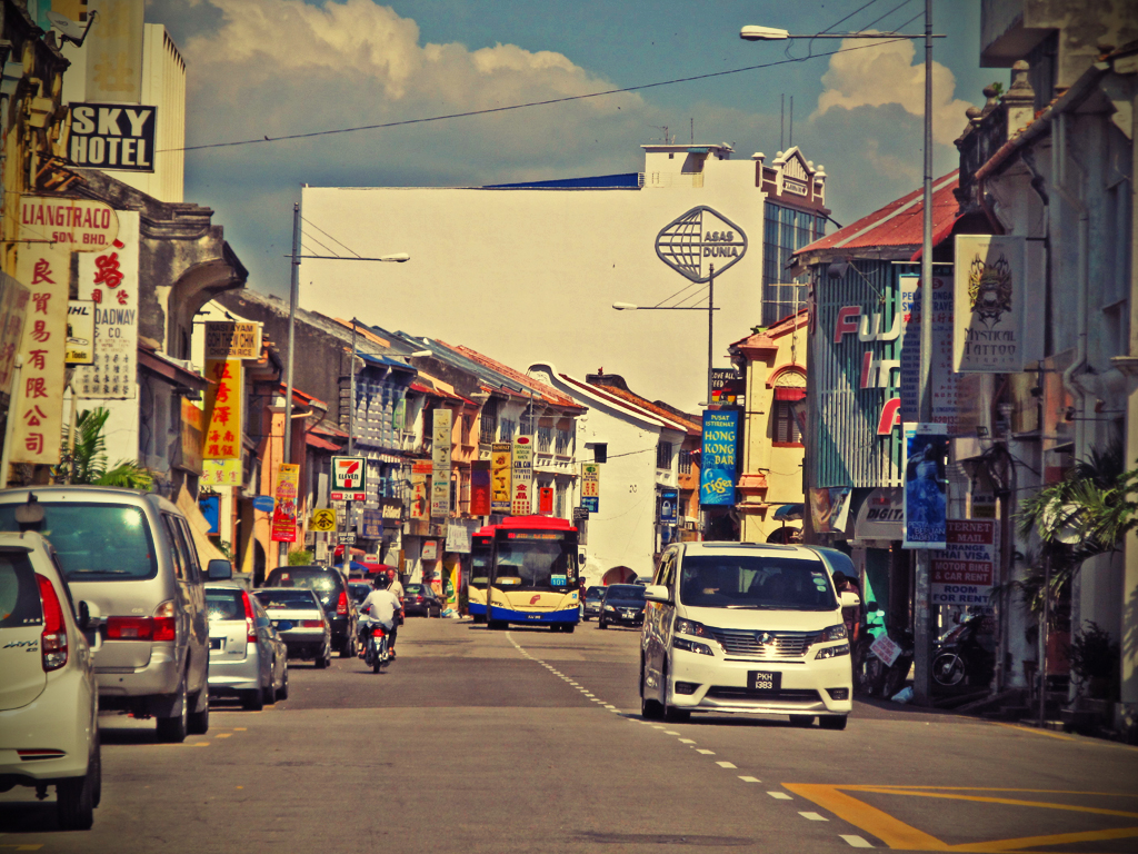 Lebuh Chulia street scene in George Town, Penang, outside Hong Ping Hotel